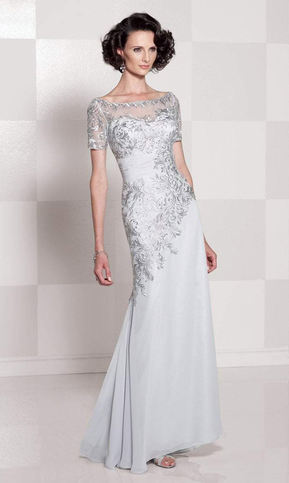 Cameron Blake by Mon Cheri - 114662 Illusion Ornate Gown - 1 pc Silver in Size 6 Available CCSALE 12 / Silver
