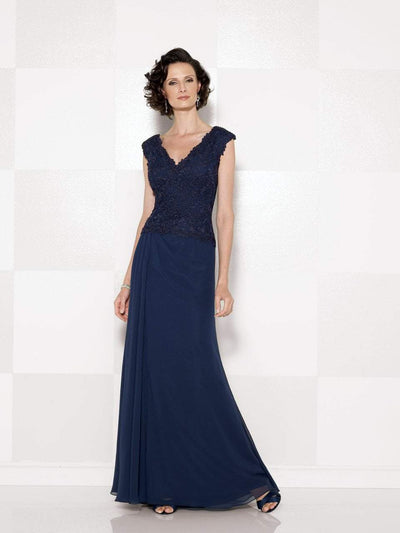 Cameron Blake - V Neck Long Dress with Slit 114666 in Blue