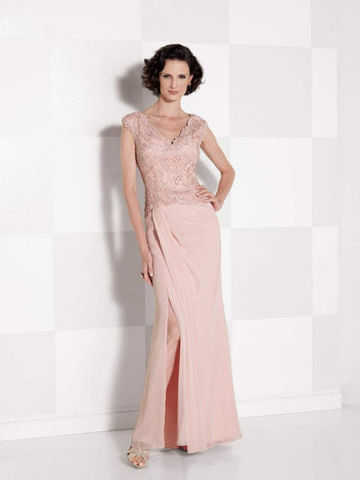 Cameron Blake - 114666 V Neck Long Dress with Slit in Pink