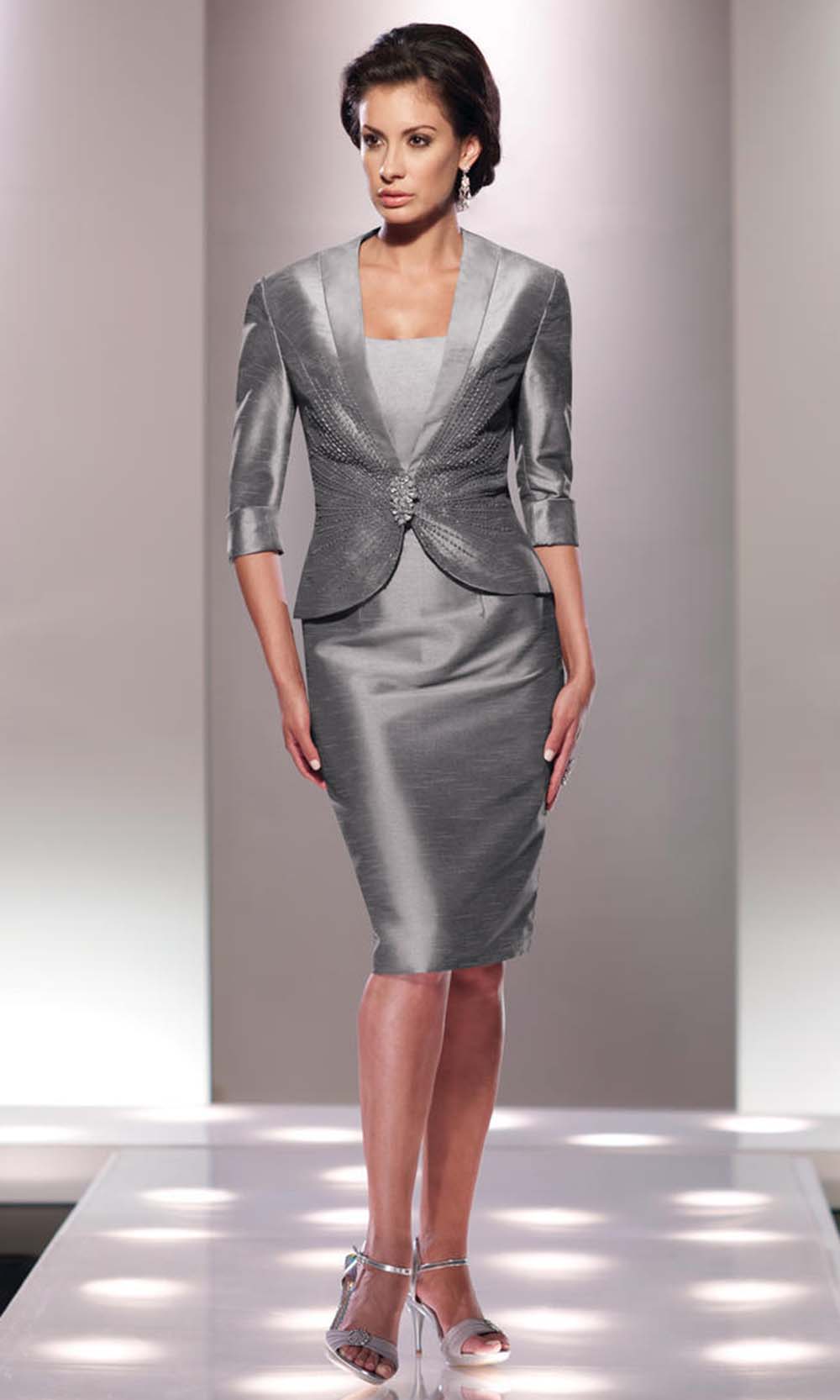 Social Occasions by Mon Cheri - 114811 Shantung Dress with Jacket In Silver and Gray
