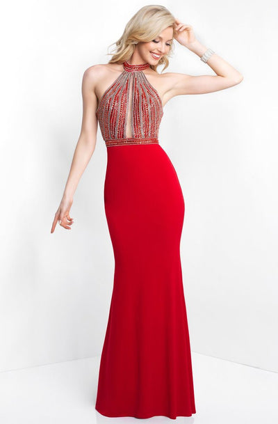 Blush - 11502 Beaded Plunging Cutout High Halter Gown In Red