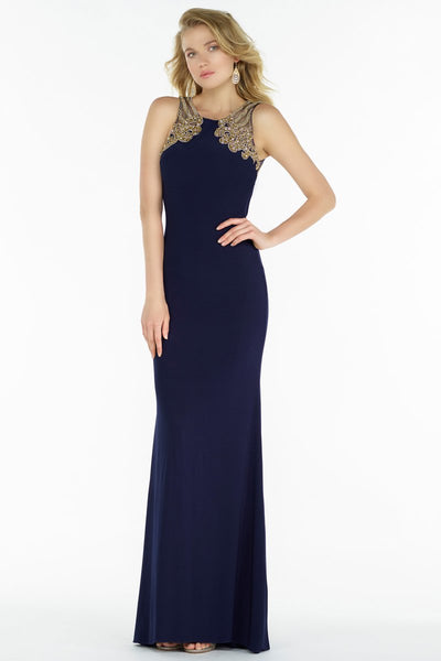 Alyce Paris - 1155 Gilt Beaded Cutout Back Long Gown In Blue