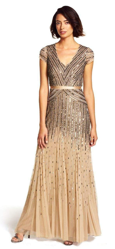 Adrianna Papell - 92868950 Cap Sleeve Sequined Mesh A-Line Gown in Neutral