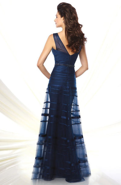Mon Cheri - 116936SC V-Neck Tulle Striped Evening Gown