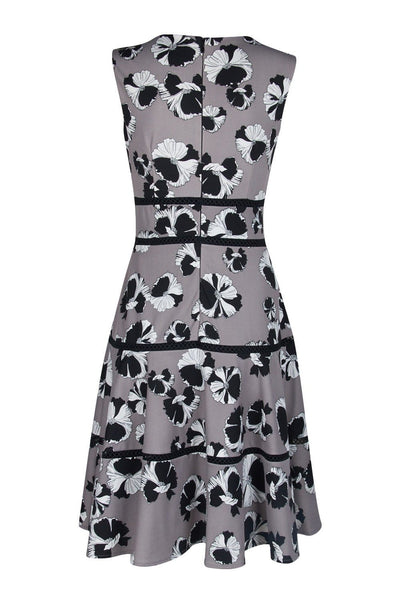 Taylor - 1169M Floral Print V Neck Sleeveless Crepe Dress In Black and Gray