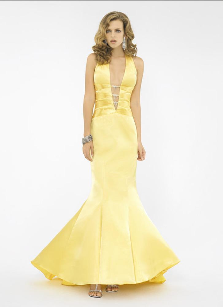 La Femme - Couture Fitted Halter Style Deep Front V-Cut Dress 11763 in Yellow