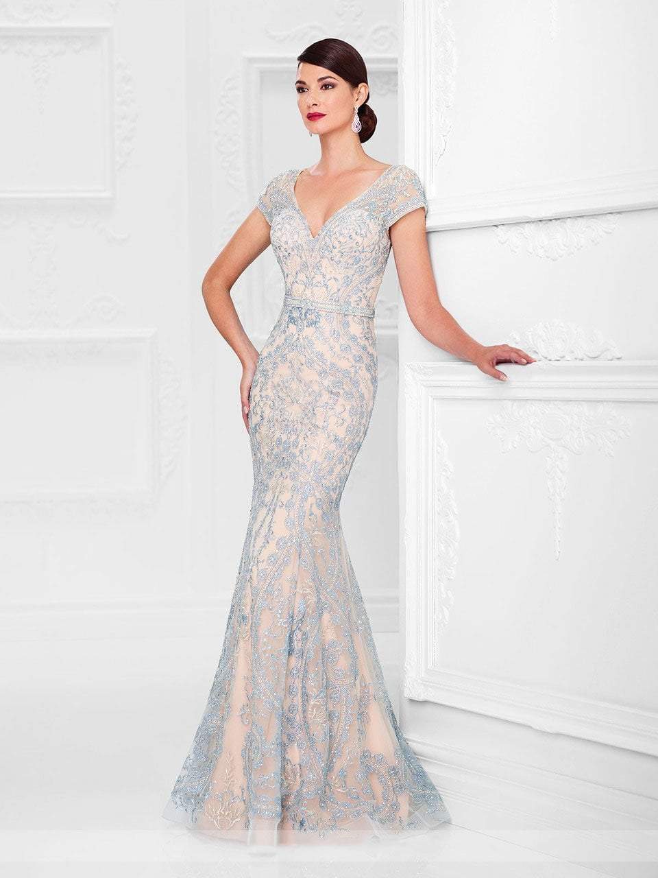 Ivonne D for Mon Cheri - 117D70 Trumpet Gown in White and Blue
