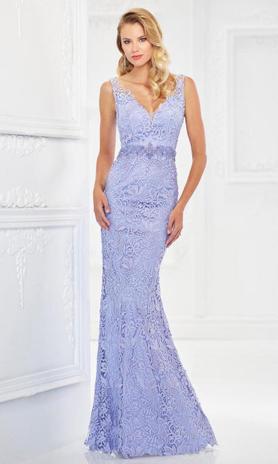 Montage by Mon Cheri - 118968 V-Neck Lace Gown with Detachable Sleeves In Purple