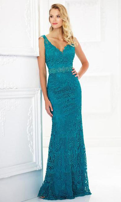 Montage by Mon Cheri - 118968 V-Neck Lace Gown with Detachable Sleeves In Green