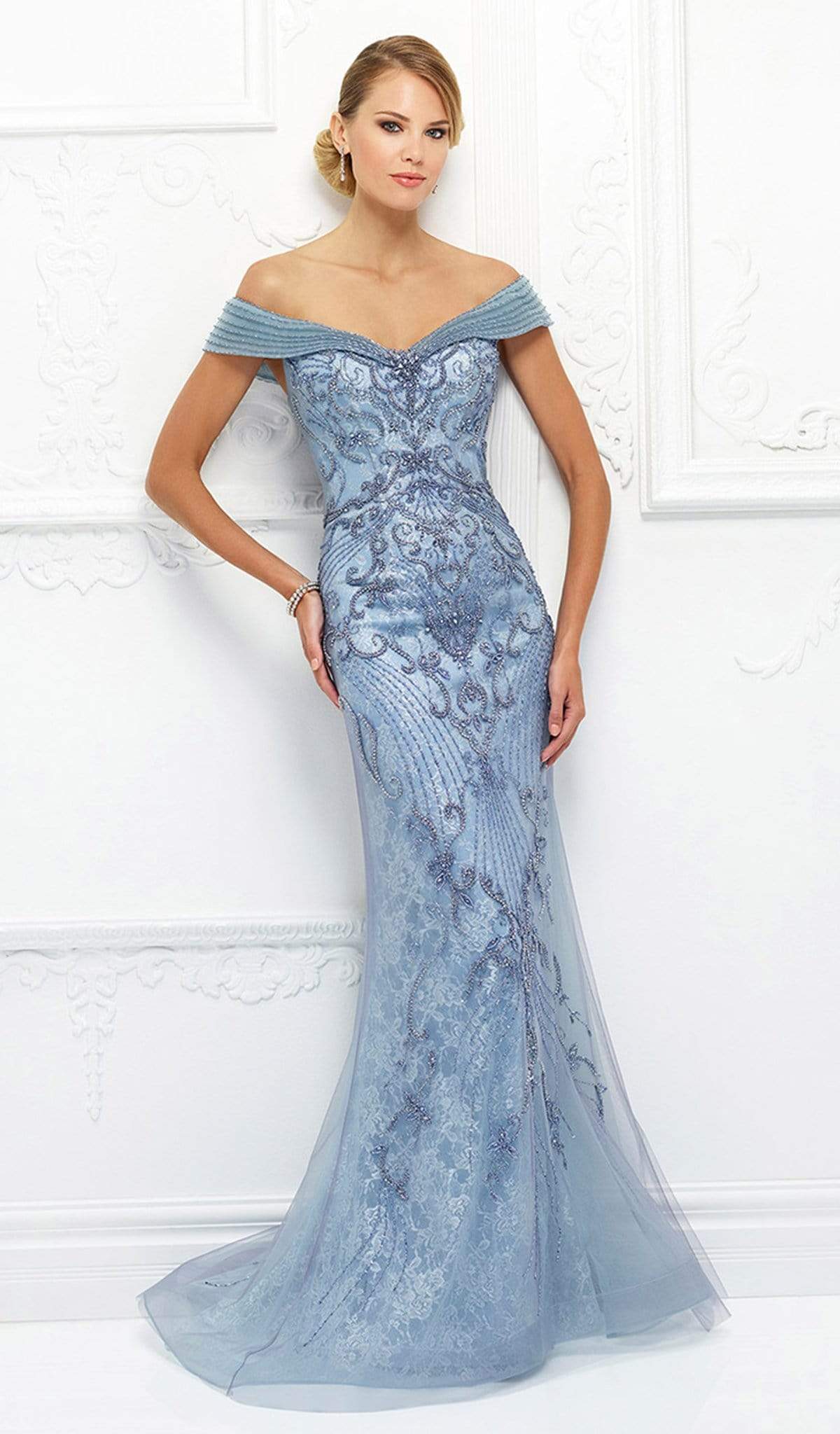 Mon Cheri - Beaded Lace Dress With Tulle Overlay 118D08 In Blue