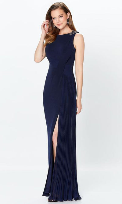 Mon Cheri - Pleat-Ornate High Slit Sheath Dress 119938 In Blue