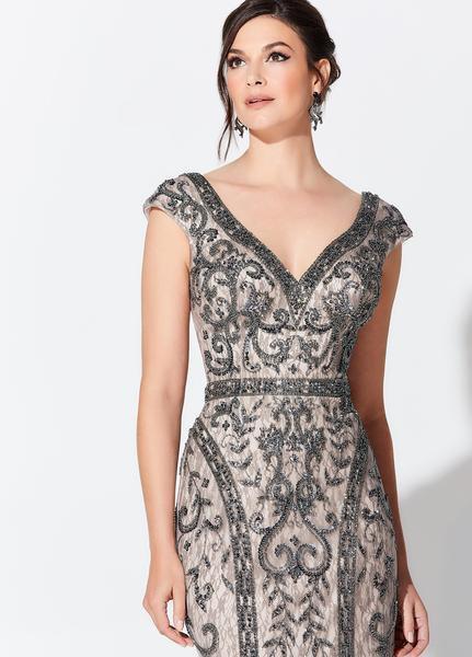 Montage, Ivonne D by Mon Cheri - 119D42 Bead Embellished V-Neck Gown In Gray and Neutral