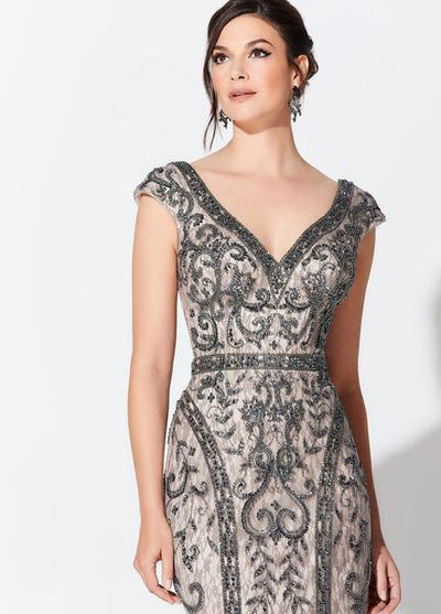 Montage, Ivonne D by Mon Cheri - 119D42 Bead Embellished V-Neck Gown In Gray and Neutral