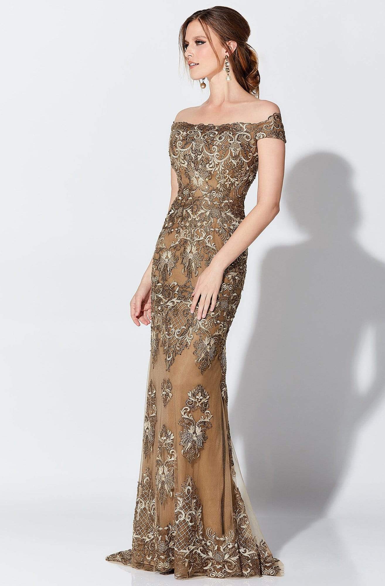 Ivonne D for Mon Cheri - 119D45 Appliqued Off-Shoulder Gown Evening Dresses 0 / Bronze