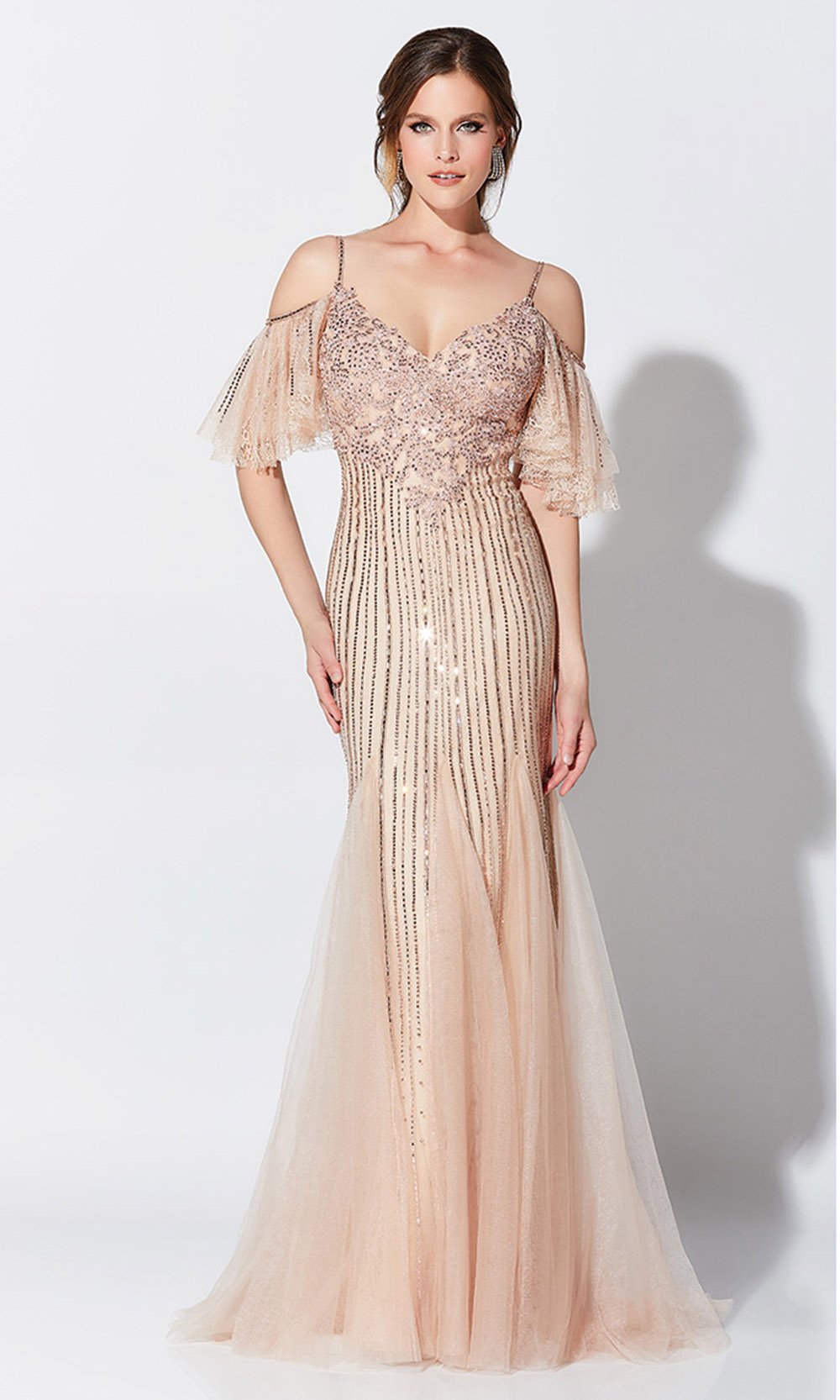 Montage, Ivonne D by Mon Cheri - 119D46 Beaded Cold Shoulder Gown In Pink and Nude