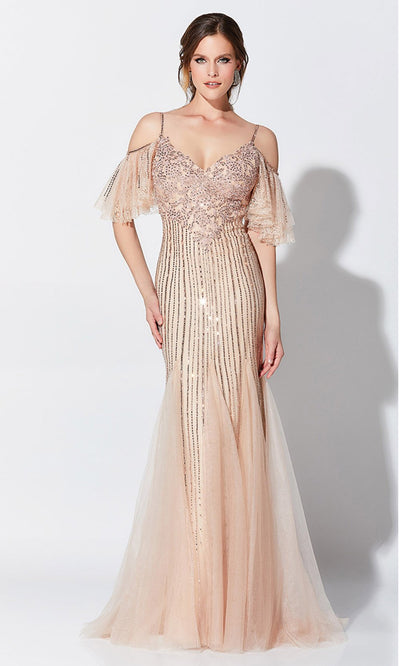 Montage, Ivonne D by Mon Cheri - 119D46 Beaded Cold Shoulder Gown In Pink and Nude