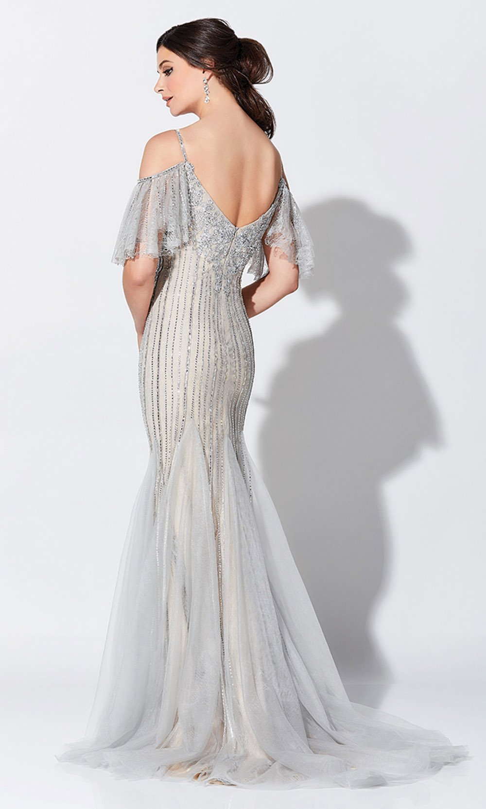 Montage, Ivonne D by Mon Cheri - 119D46 Beaded Cold Shoulder Gown In Silver and Nude