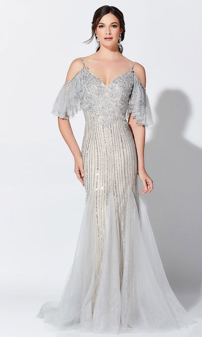 Montage, Ivonne D by Mon Cheri - 119D46 Beaded Cold Shoulder Gown In Silver and Nude