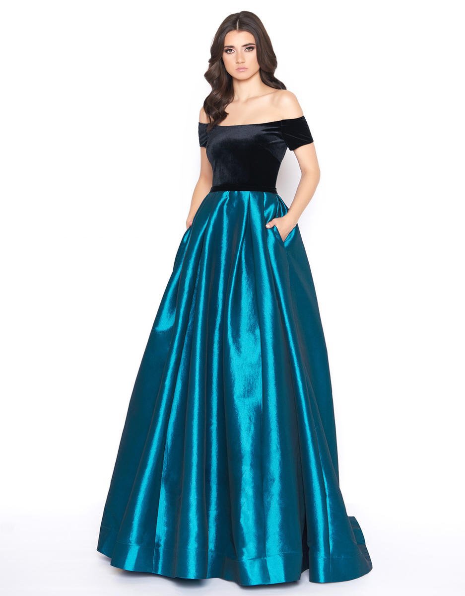 Mac Duggal - 12062D Velvet Off-Shoulder Satin Ballgown With Train in Black and Green
