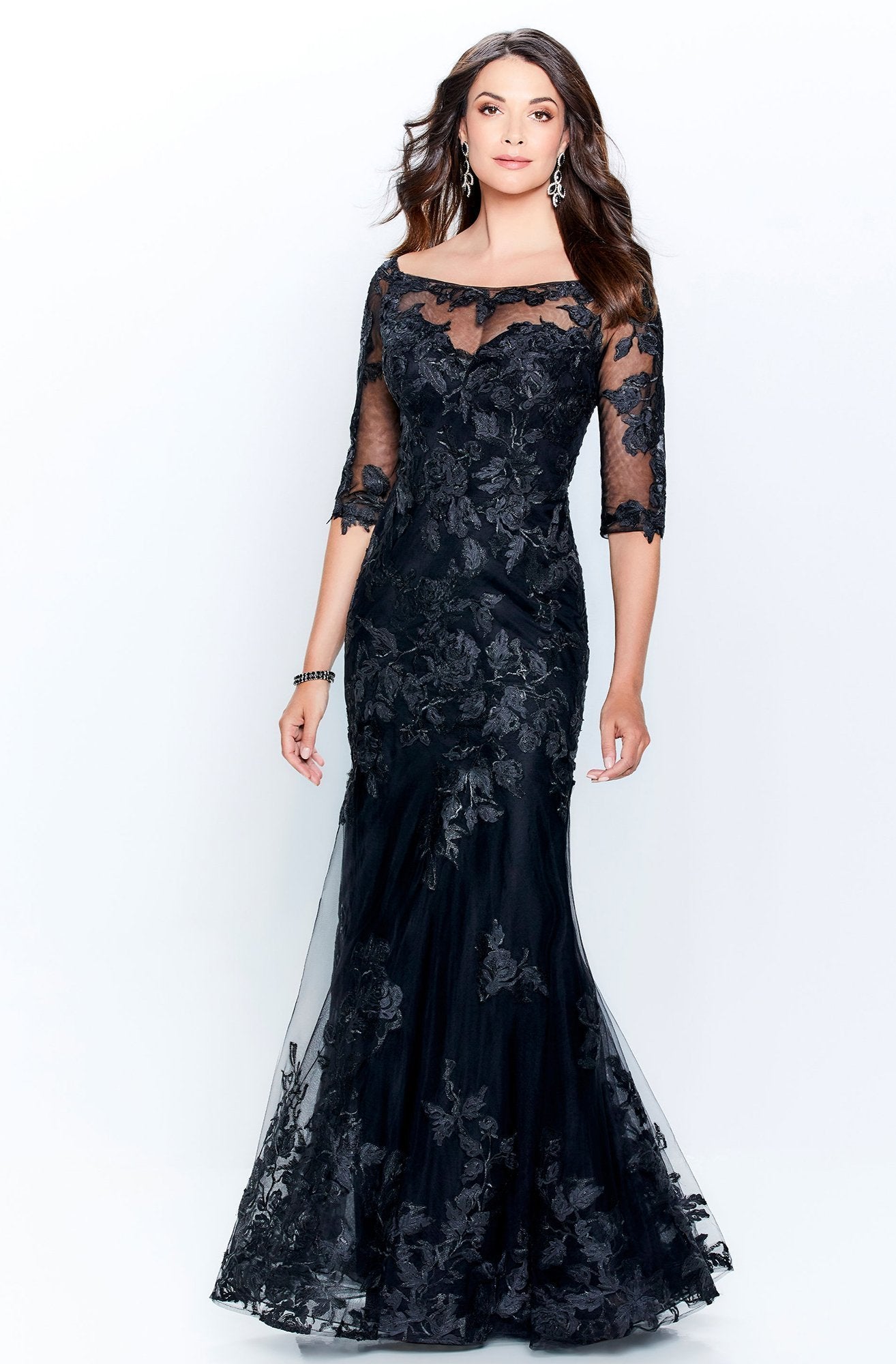 Mon Cheri - Illusion Scoop Lace Embroidered Trumpet Gown 120919 In Black