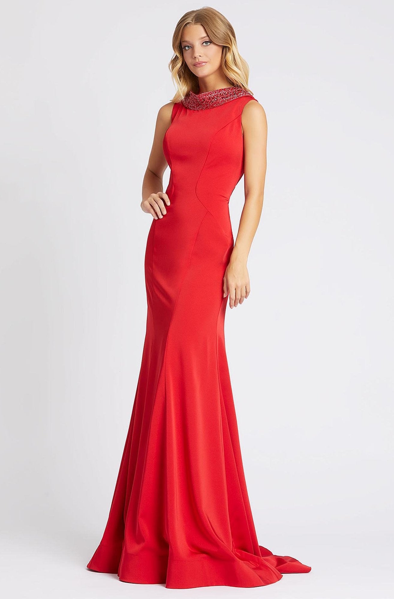 Mac Duggal Black White Red - 12094R Beaded Rolled Collar Jersey Gown In Red