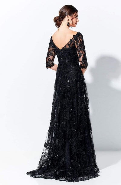 Ivonne D by Mon Cheri - 120D02 Lace V-Neck A-Line Evening Gown In Black