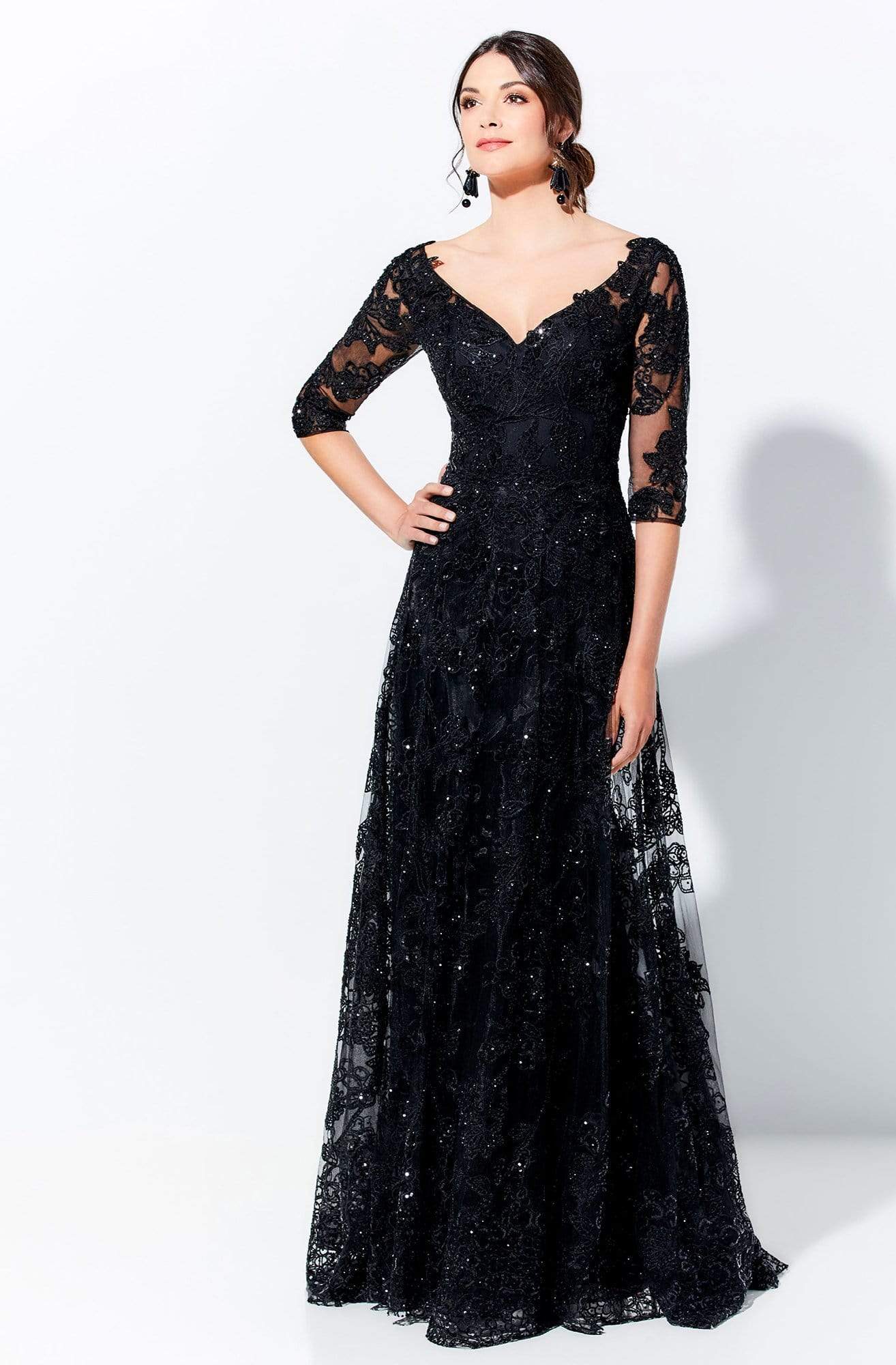 Ivonne D by Mon Cheri - 120D02 Lace V-Neck A-Line Evening Gown Mother of the Bride Dresses 4 / Black