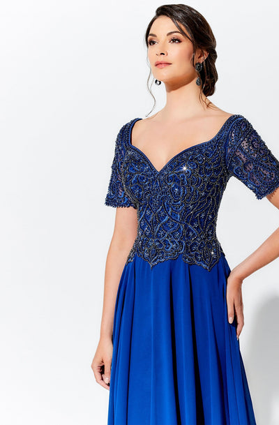 Mon Cheri - V-Neck Beaded Long A-Line Evening Gown 120D04 In Blue