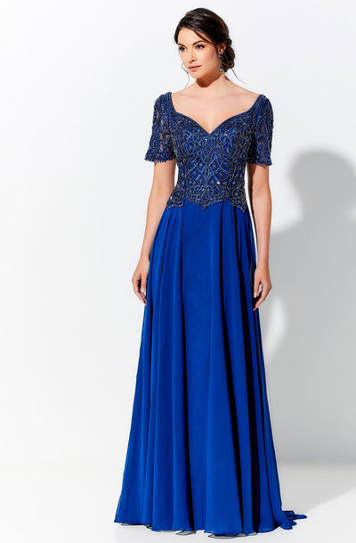 Mon Cheri - V-Neck Beaded Long A-Line Evening Gown 120D04 In Blue