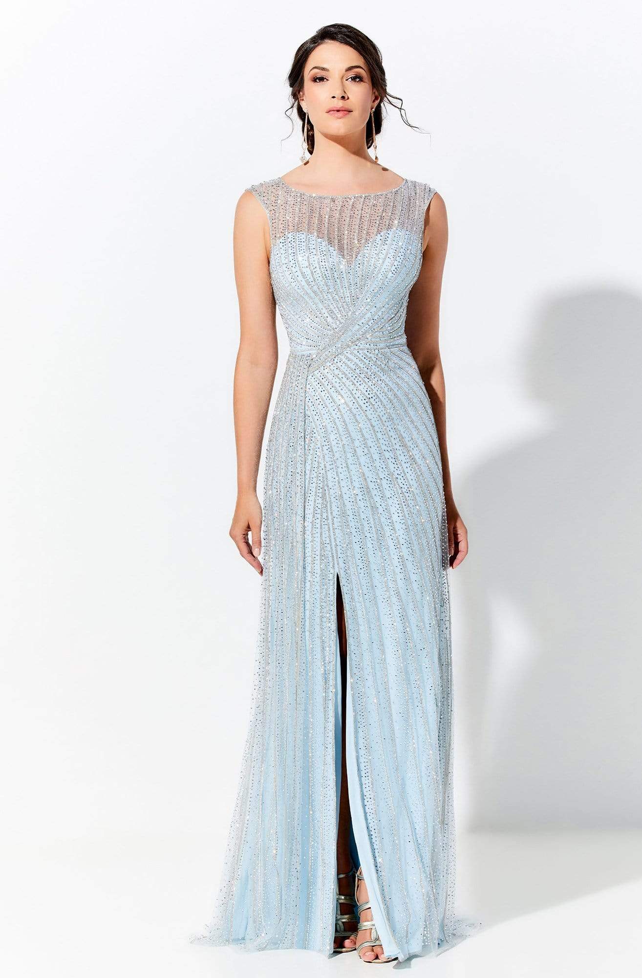 Ivonne D by Mon Cheri - 120D08 Beaded Scoop Sheath Gown In Blue and Silver