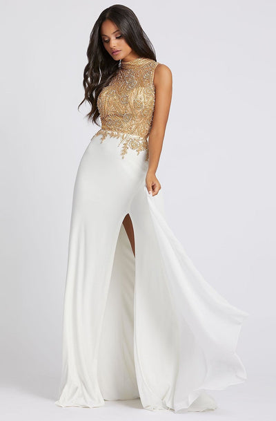 Mac Duggal Prom - 12106M Bedazzled High Neck Sheath Dress With Train In White and Gold