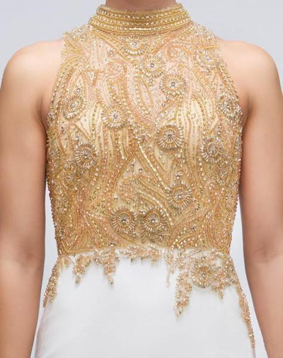 Mac Duggal Prom - 12106M Bedazzled High Neck Sheath Dress With Train In White and Gold