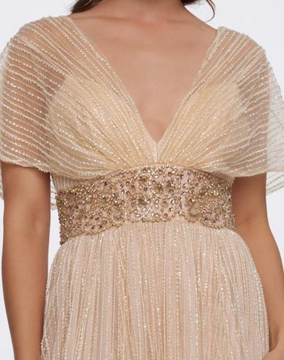 Mac Duggal Couture - 12174D Beaded V-neck A-line Dress With Train In Nude