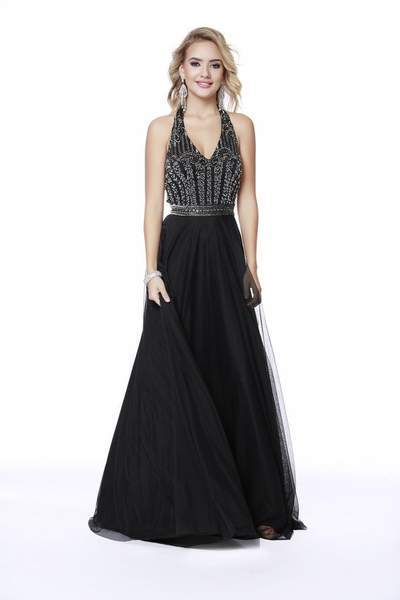Shail K - Embellished Halter V-neck Tulle A-line Dress 12208 - 1 pc Black In Size 8 Available In Black