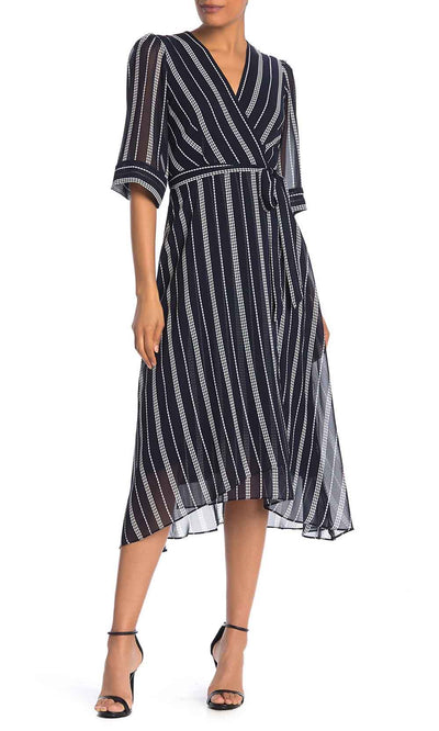 Gabby Skye - 95216MG Faux Wrap Style Stripe Chiffon Dress In Print