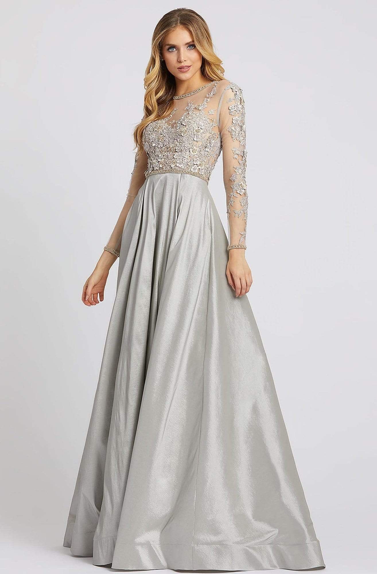 Mac Duggal Evening - 12230D Illusion Floral Embroidered Bejeweled Gown Evening Dresses 0 / Dove Gray
