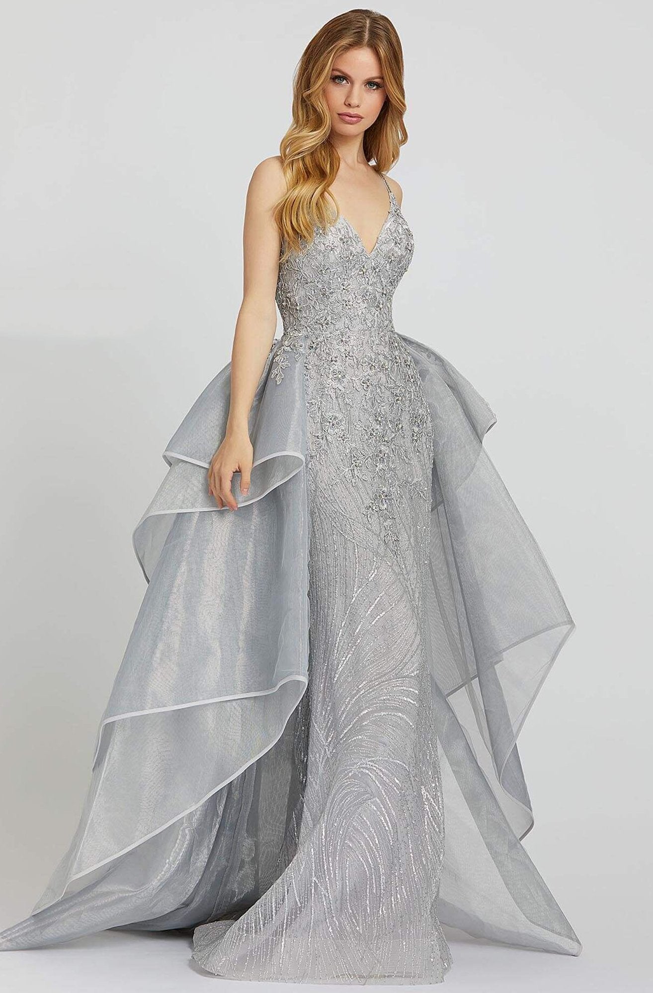 Mac Duggal Prom - 12311M Embroidered V-neck Dress With Overskirt In Gray