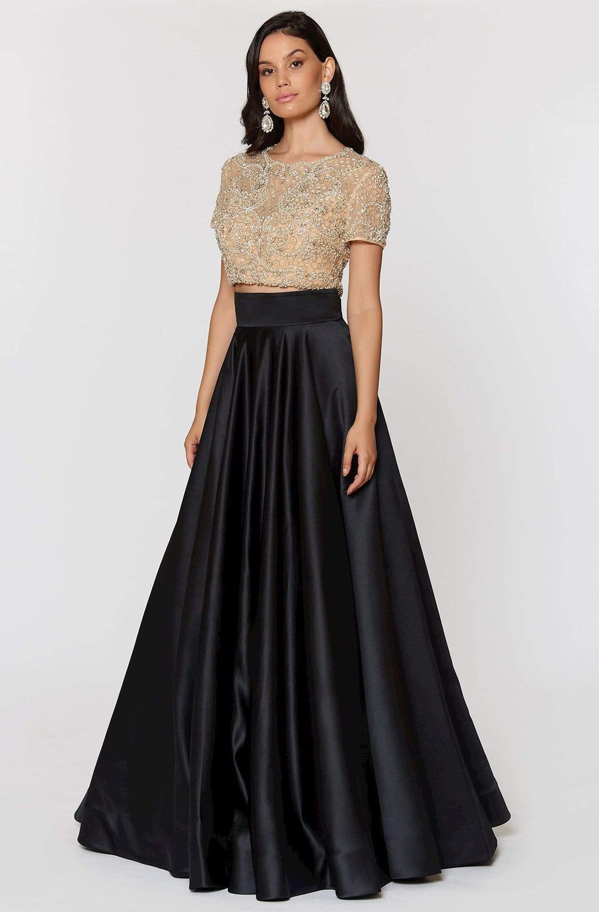 Ashley Lauren - 1251SC Crystal Embellished Illusion Top Two-Piece Gown In Black and Neutral