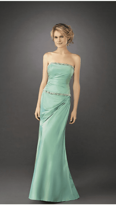 La Femme - Ruched Beaded Straight Neck A-line Gown 12525 in Green