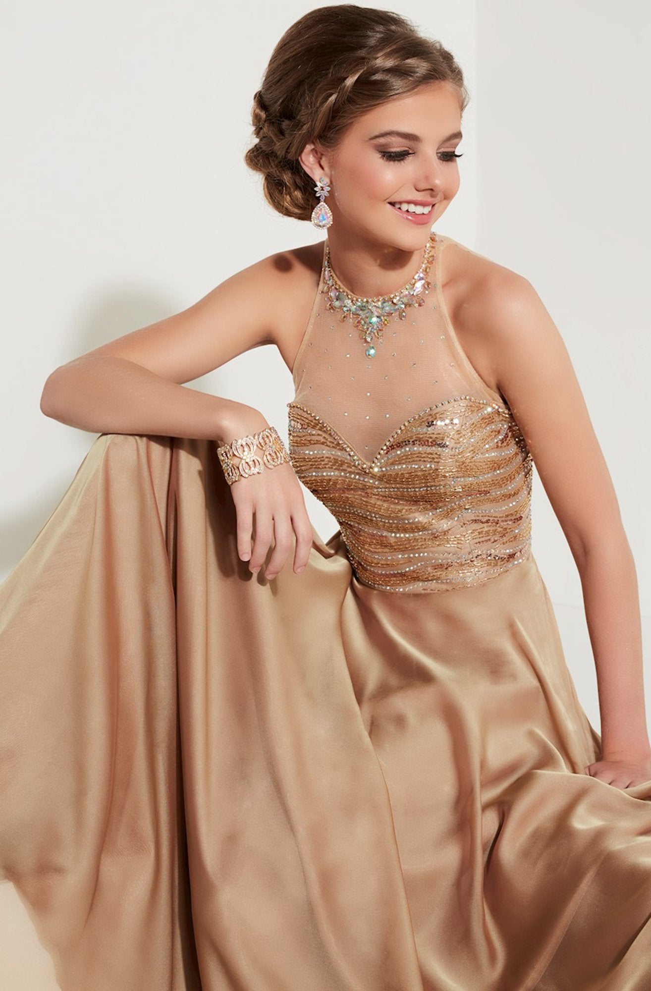 Studio 17 - Bejeweled High Halter Neck Two Tone Chiffon A-line Dress 12597 In Gold