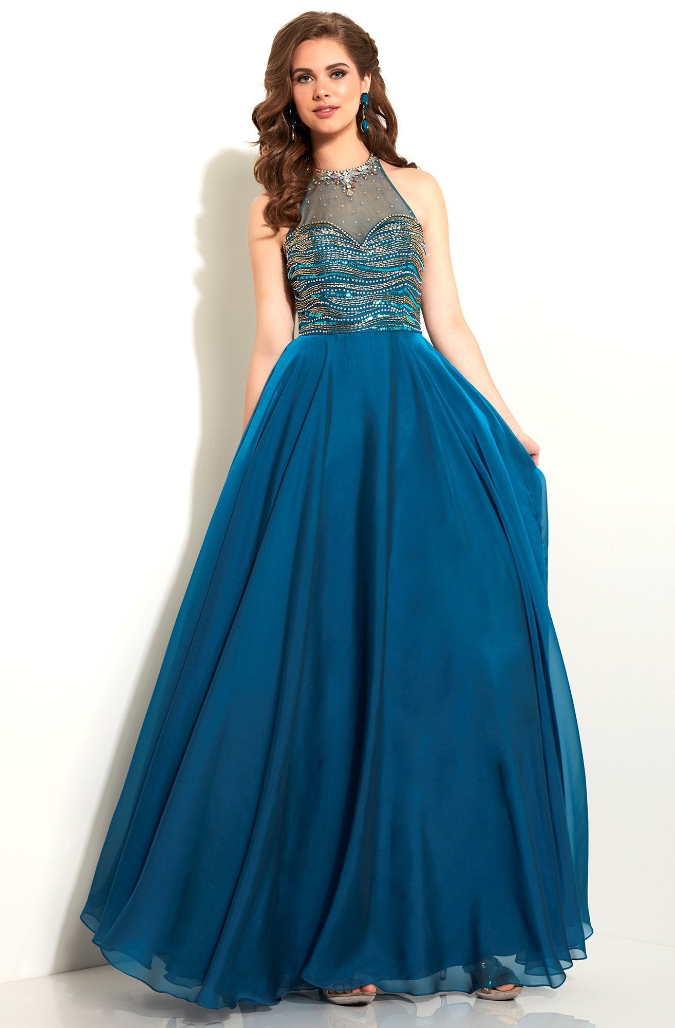 Studio 17 - Bejeweled High Halter Neck Two Tone Chiffon A-line Dress 12597 In Blue