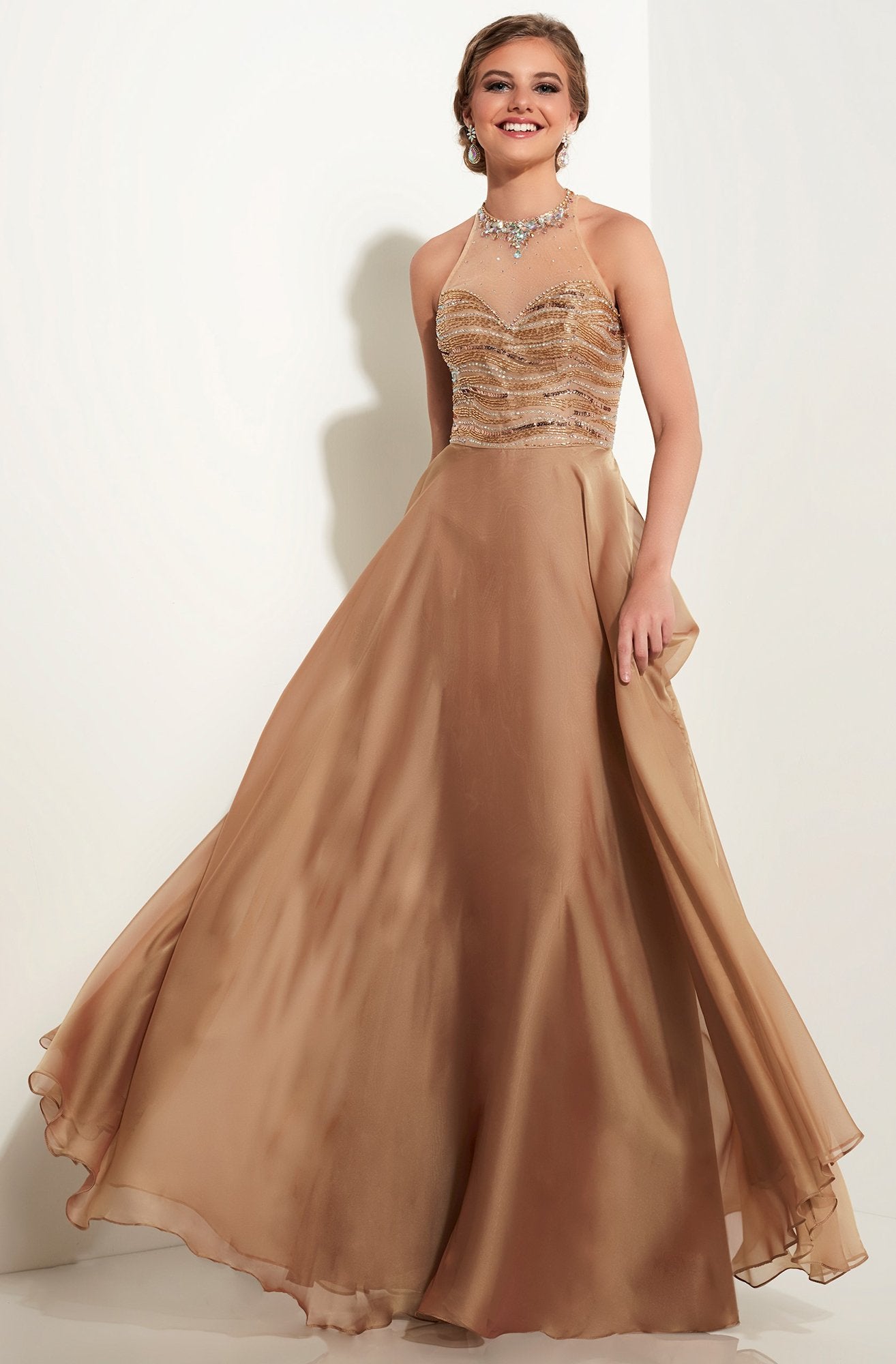Studio 17 - Bejeweled High Halter Neck Two Tone Chiffon A-line Dress 12597 In Gold