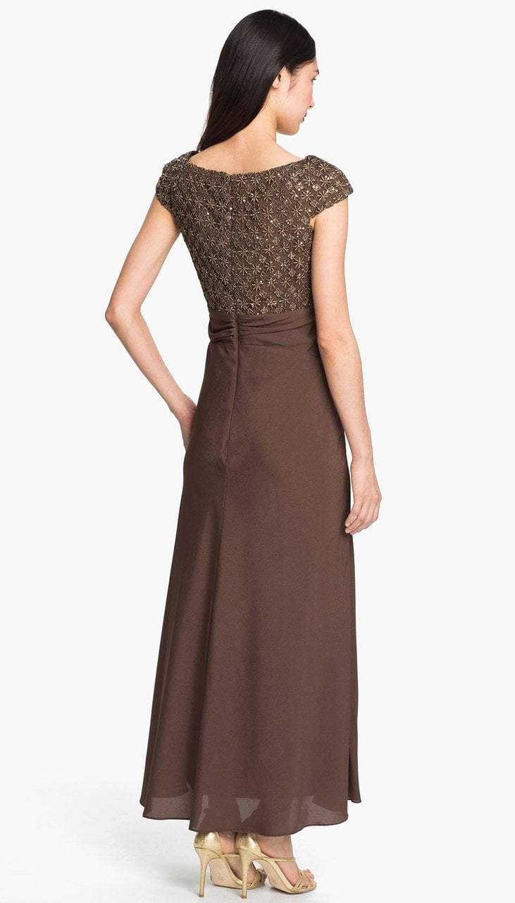 Patra - 12615 Cap Sleeve Gilded Starburst Lace A-Line Gown in Brown