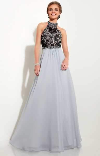 Studio 17 - Dazzling Laced and Beaded Choker Neck Chiffon A-Line Gown 12619 in Black and Gray