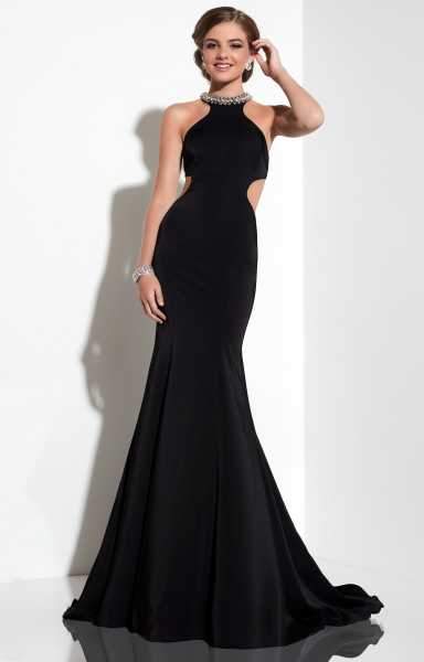 Studio 17 - Elegant Encrusted Choker Neck Stretch Satin Gown 12634 In Black