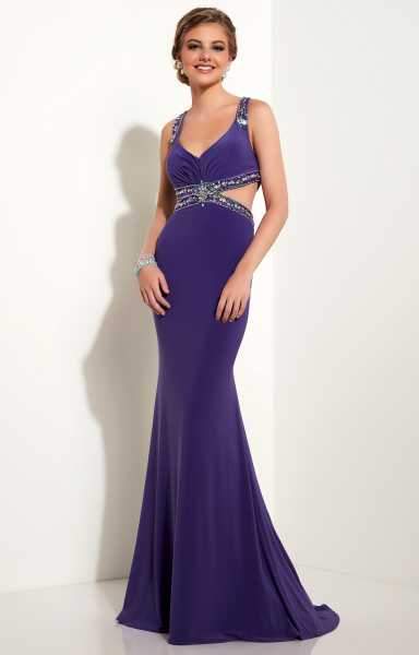 Studio 17 - Bead Embellished V-Neck Jersey Trumpet Dress 12637 In Purple