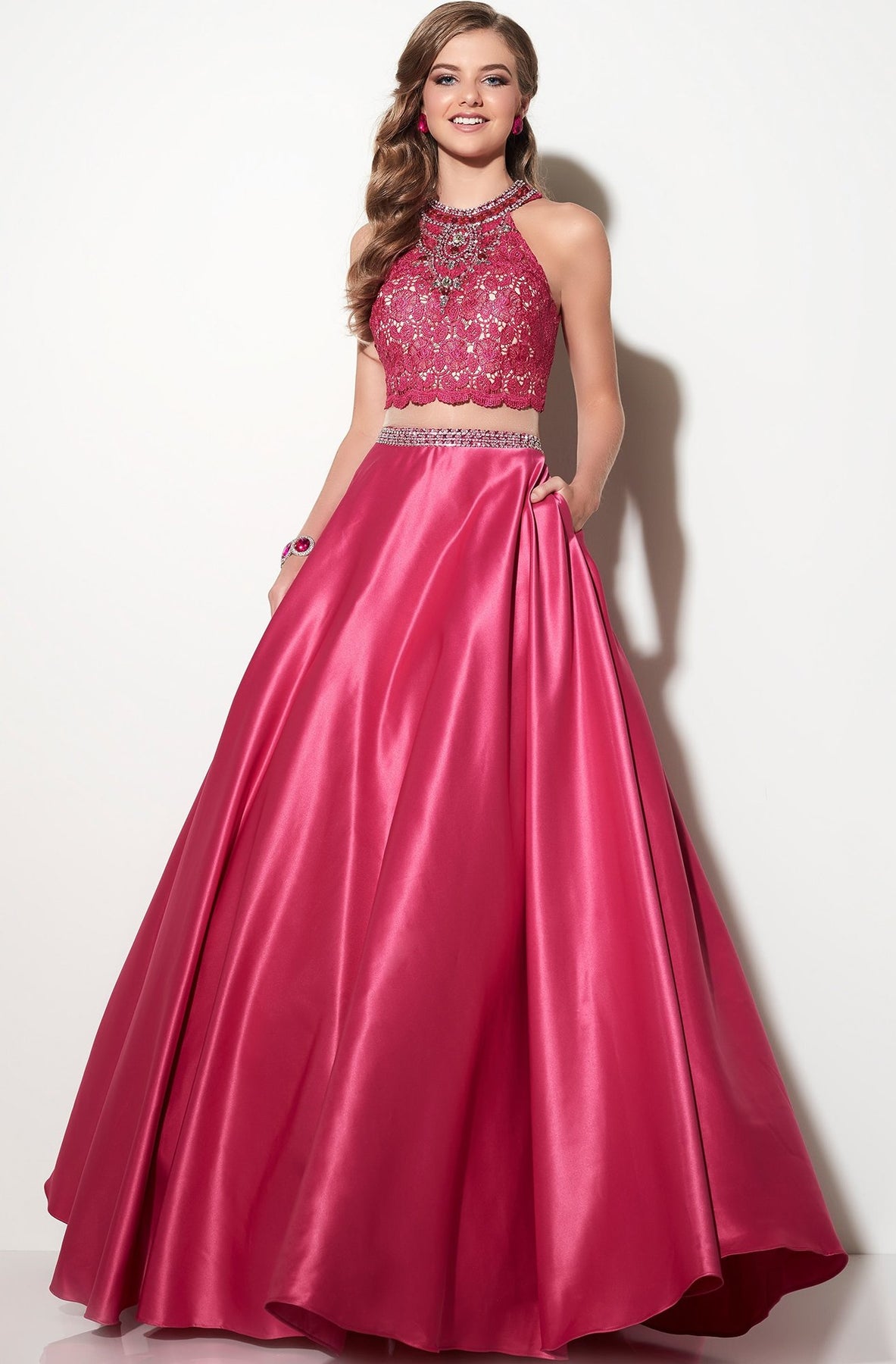 Studio 17 - Two-piece Bead and Lace Embellished Halter Neck Satin Ball Gown 12643 In Red