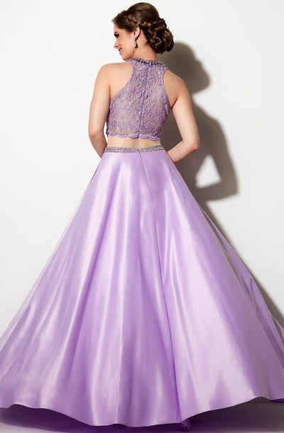 Studio 17 - Two-piece Bead and Lace Embellished Halter Neck Satin Ball Gown 12643 In Purple