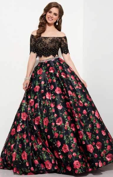 Studio 17 - Embellished Off-The-Shoulder Two-Piece Floral Dress 12645 in Black and Floral