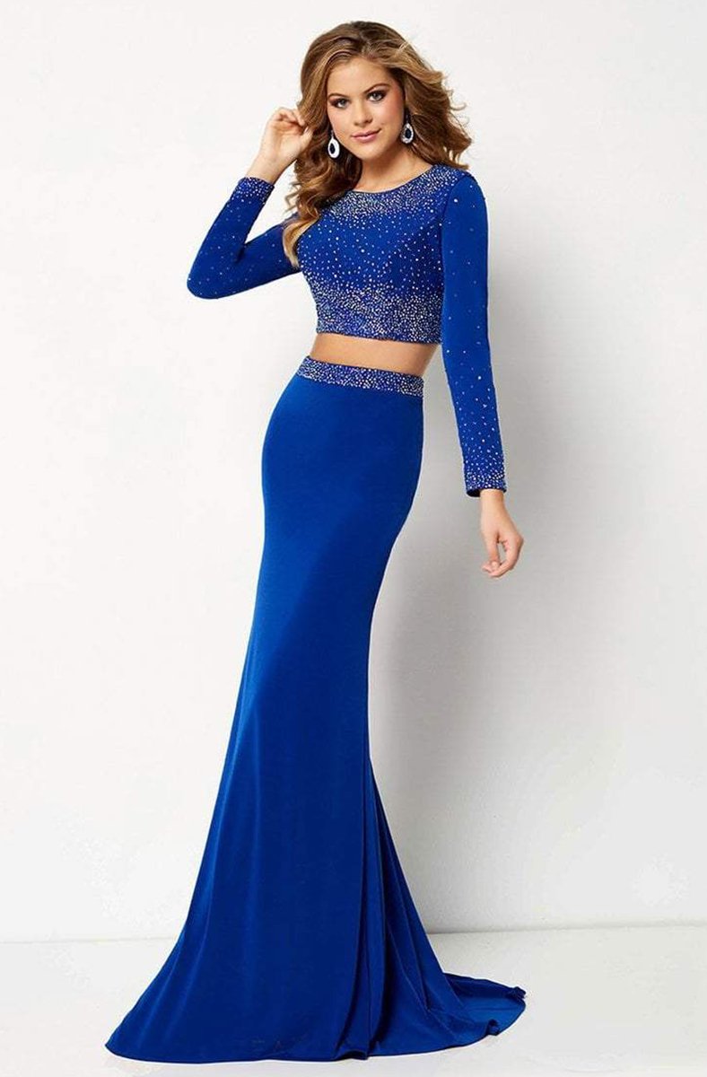 Studio 17 - Crystal Studded Long Sleece Croptop Mermaid Gown 12665 In Blue